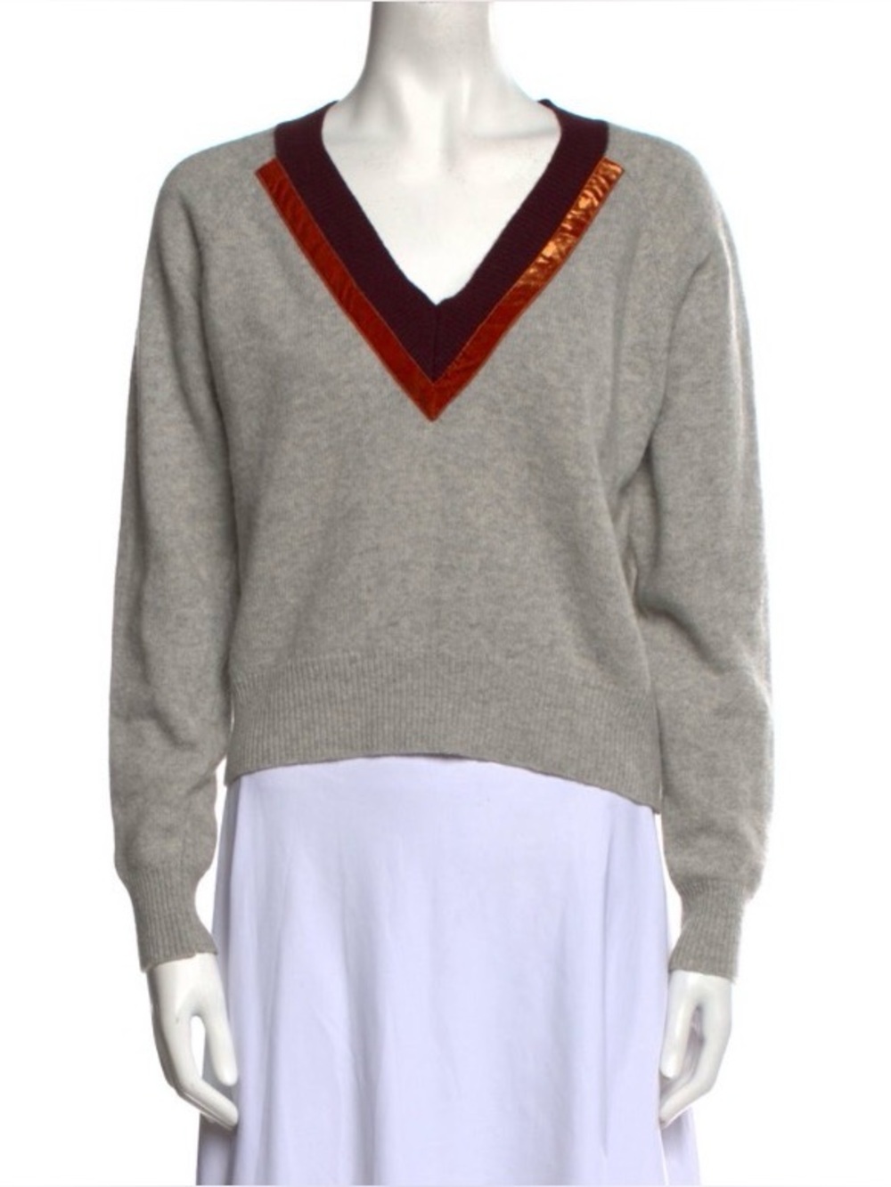 Dries Van Noten Light Gray V-Neck Sweater with Burgundy and Orange Velvet Trim